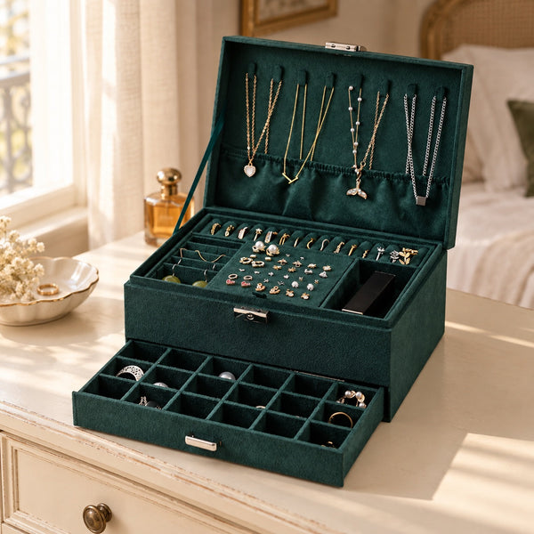 Coffret à bijoux en velours vert ouvert, colliers et bagues rangés par compartiments