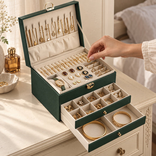 Boîte à bijoux, tiroirs empilés, en usage