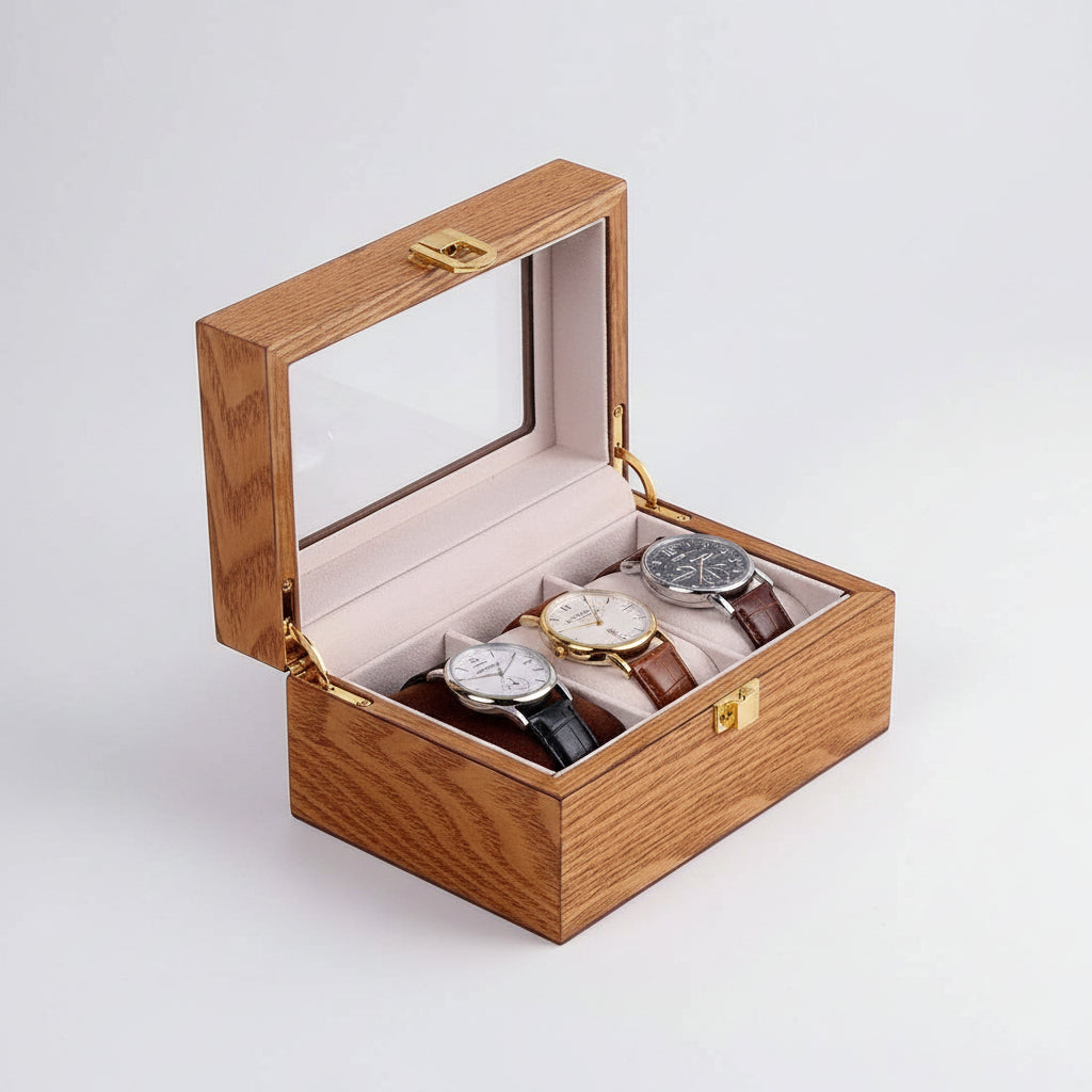 Boîte 3 montres en bois précieux avec couvercle vitré – idée cadeau pour homme, Cléophée Paris