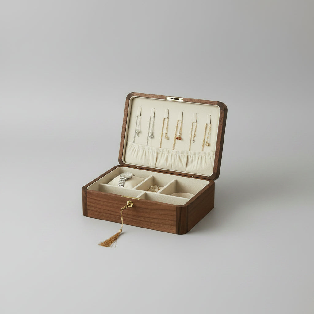 Boîte à bijoux en noyer massif fermée protégeant les bijoux de l'oxydation – Cléophée Paris