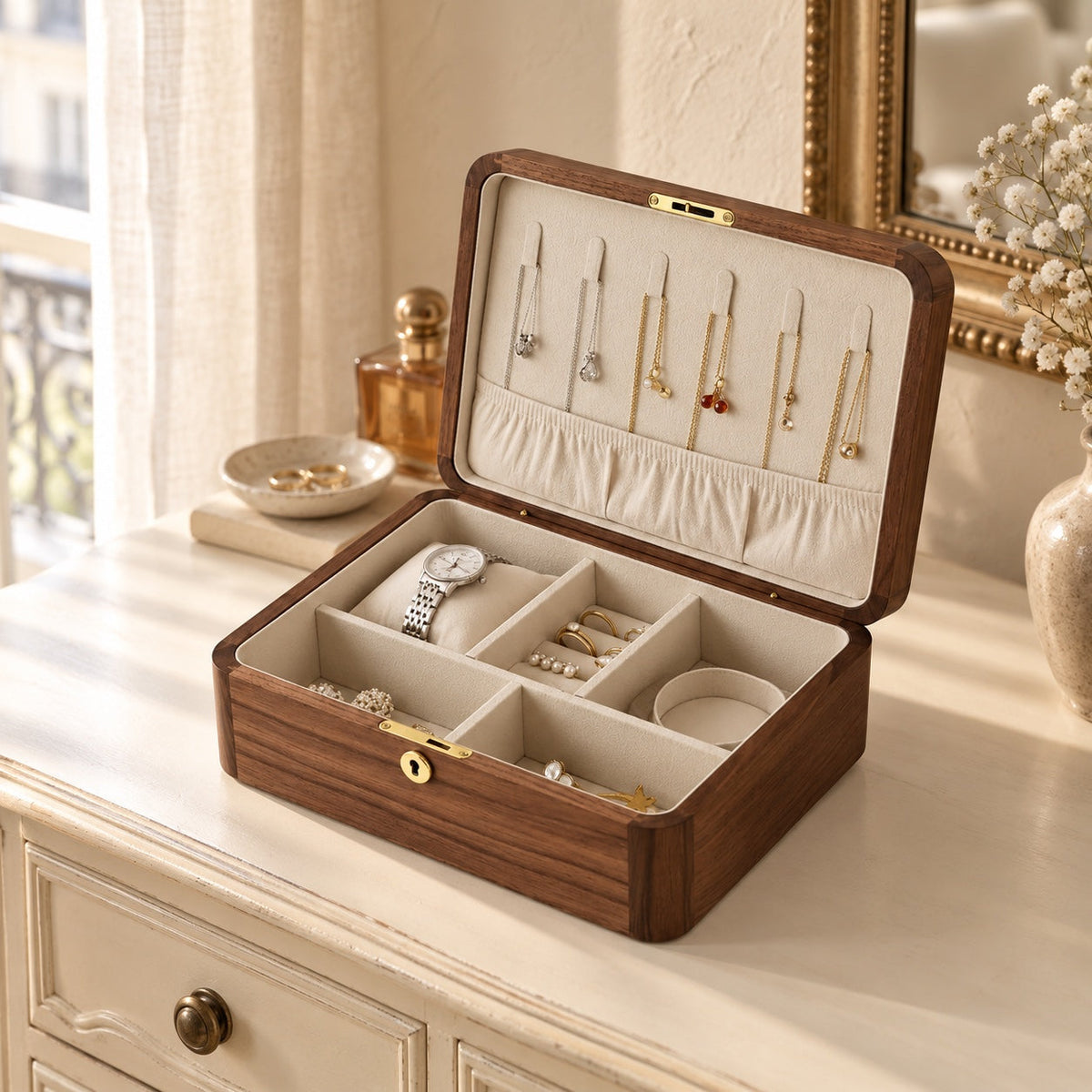 Boîte à bijoux en noyer massif, idée cadeau de Noël – Cléophée Paris