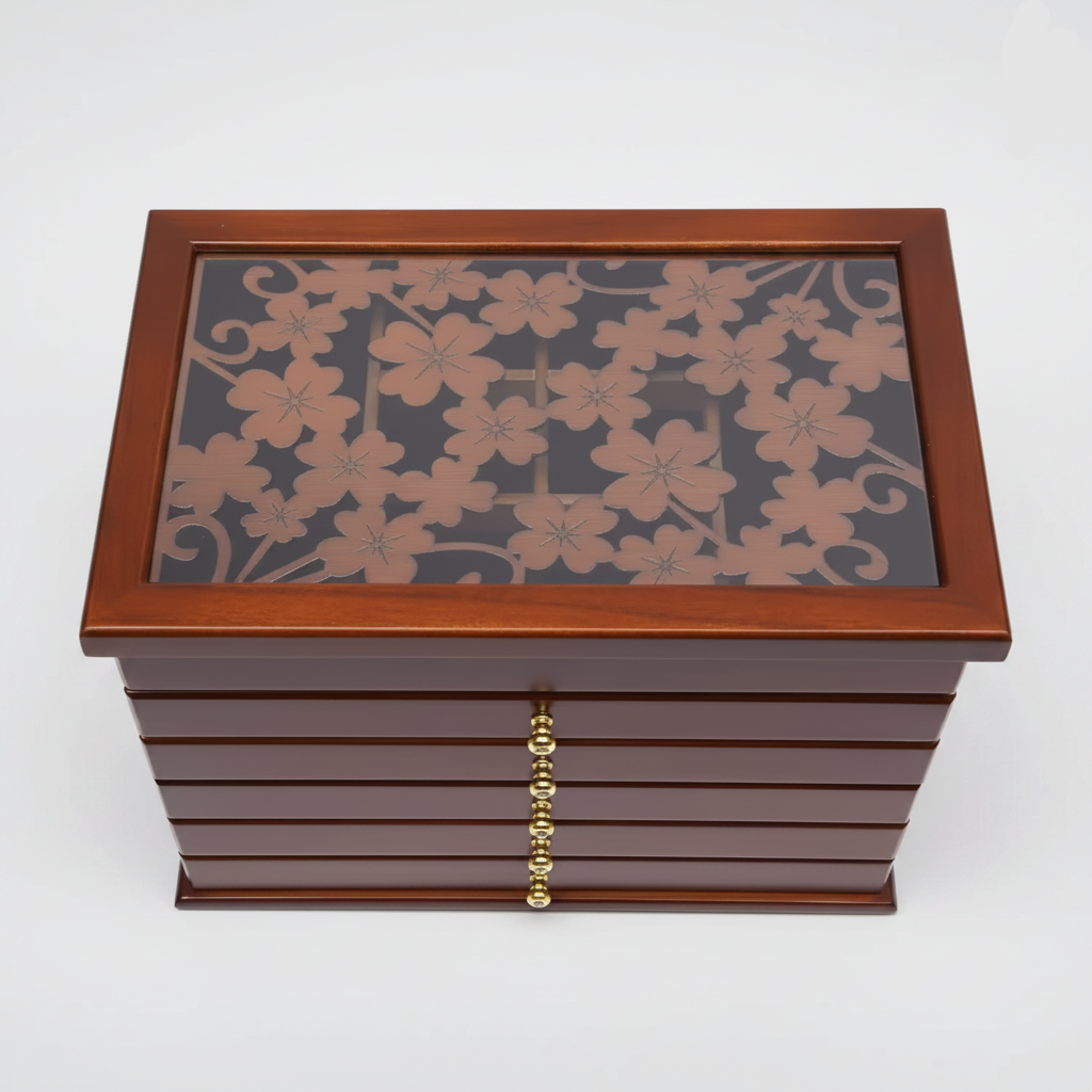 Grand coffret à bijoux à six niveaux couvercle vitré