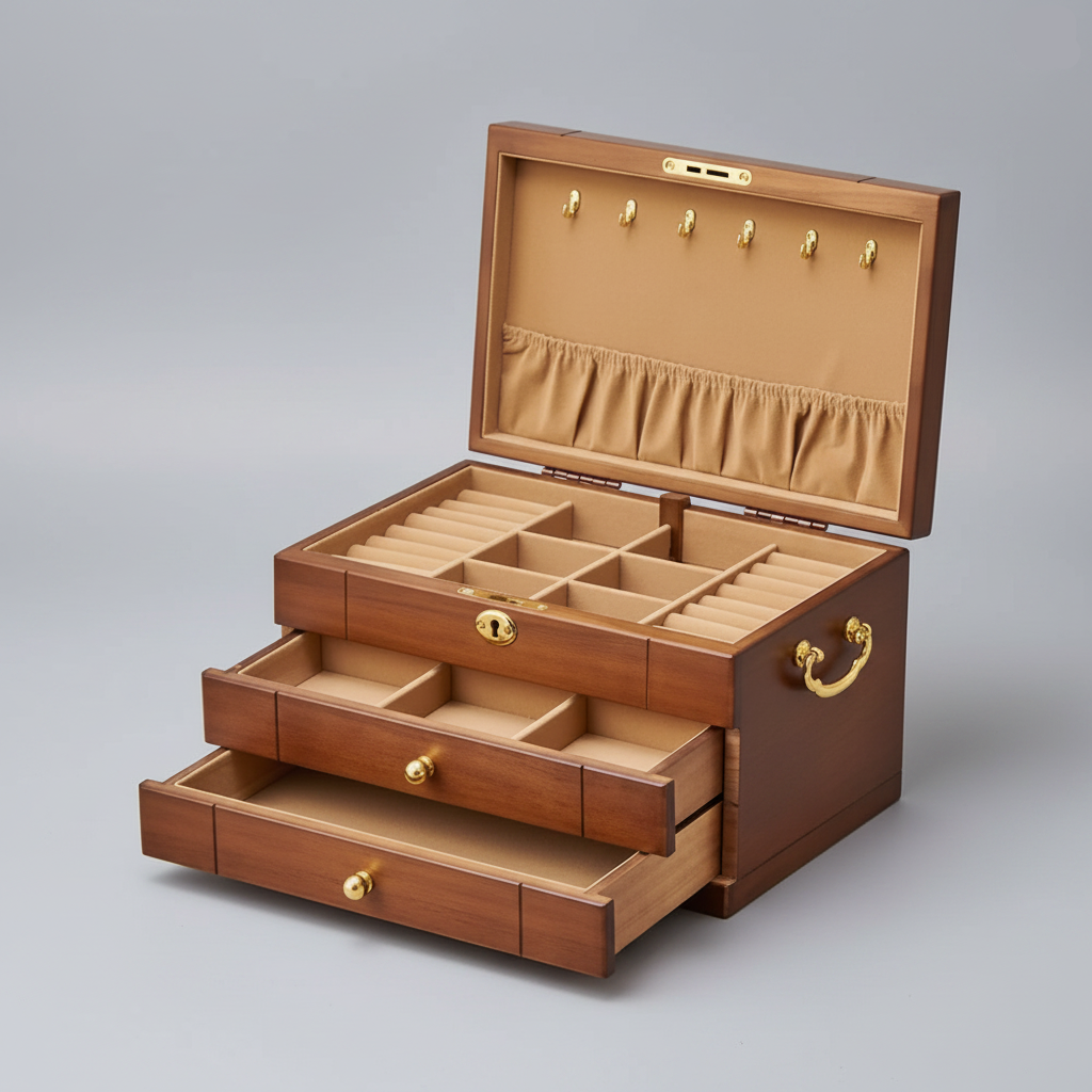 Grand coffret à bijoux vintage à serrure en noyer