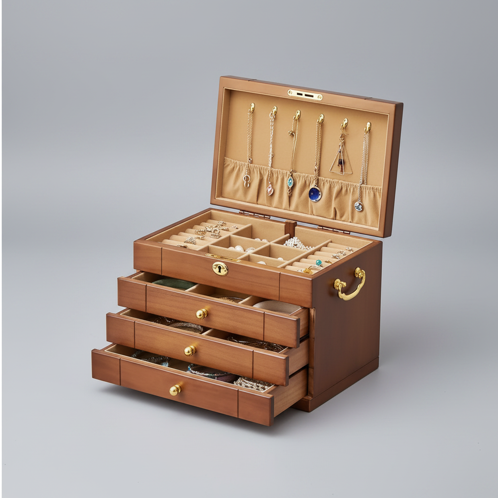 Grand coffret à bijoux vintage à serrure en noyer