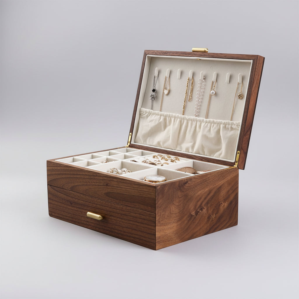 Boîte à bijoux en noyer massif avec support à colliers, vue de face – Cléophée Paris