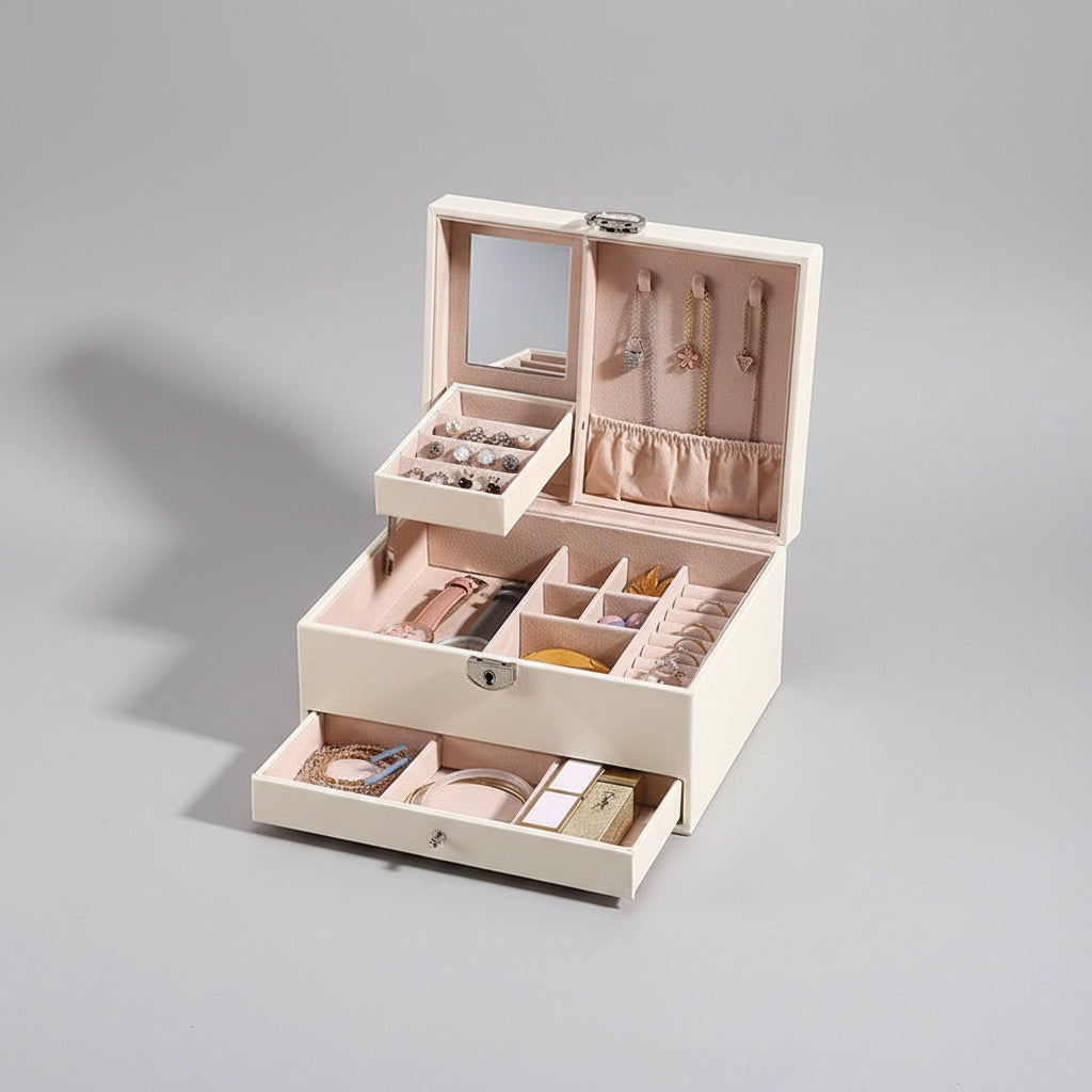 Boîte à bijoux Luvarie – 2 niveaux, tiroir & miroir verrouillable - Cléophée Paris