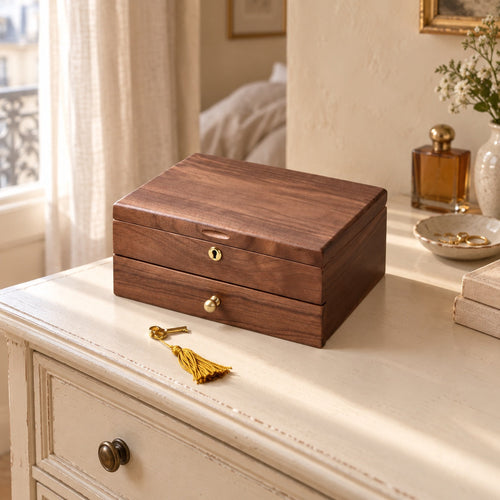 Boîte à bijoux en bois massif avec tiroir et serrure, en situation