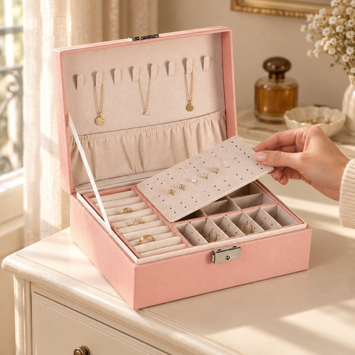Boîte à bijoux cuir PU, 2 niveaux et plateau amovible, en usage