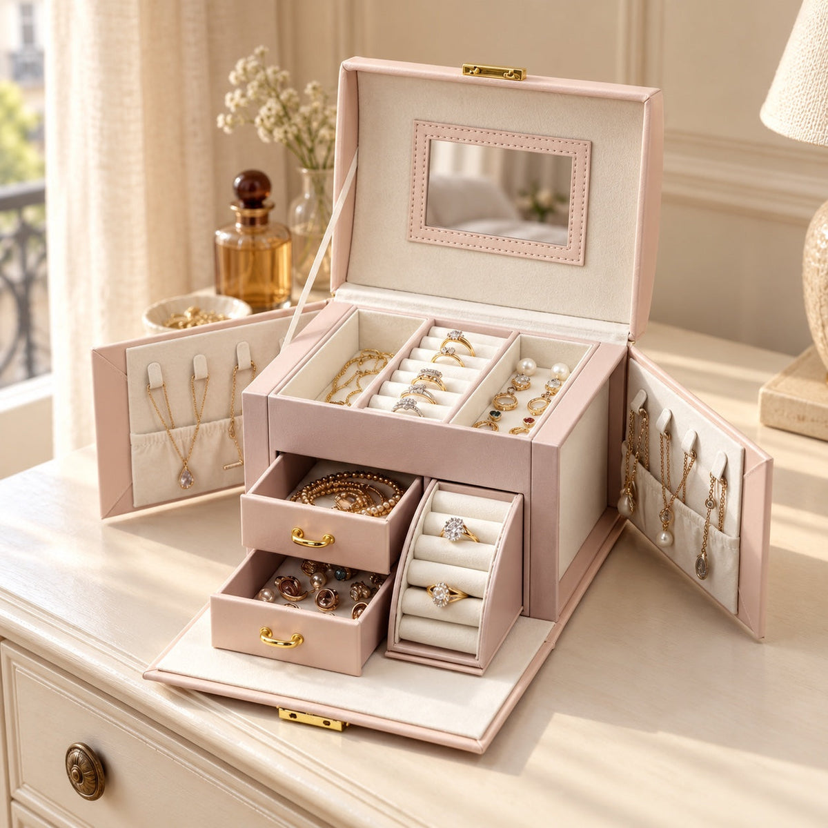 Boîte à bijoux Élégance Bellevue, miroir et tiroir intégré, en situation