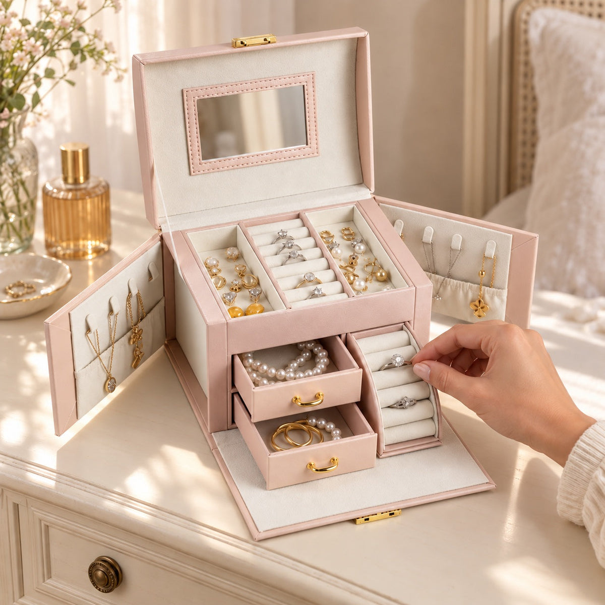 Boîte à bijoux Élégance Bellevue, miroir et tiroir intégré, en usage