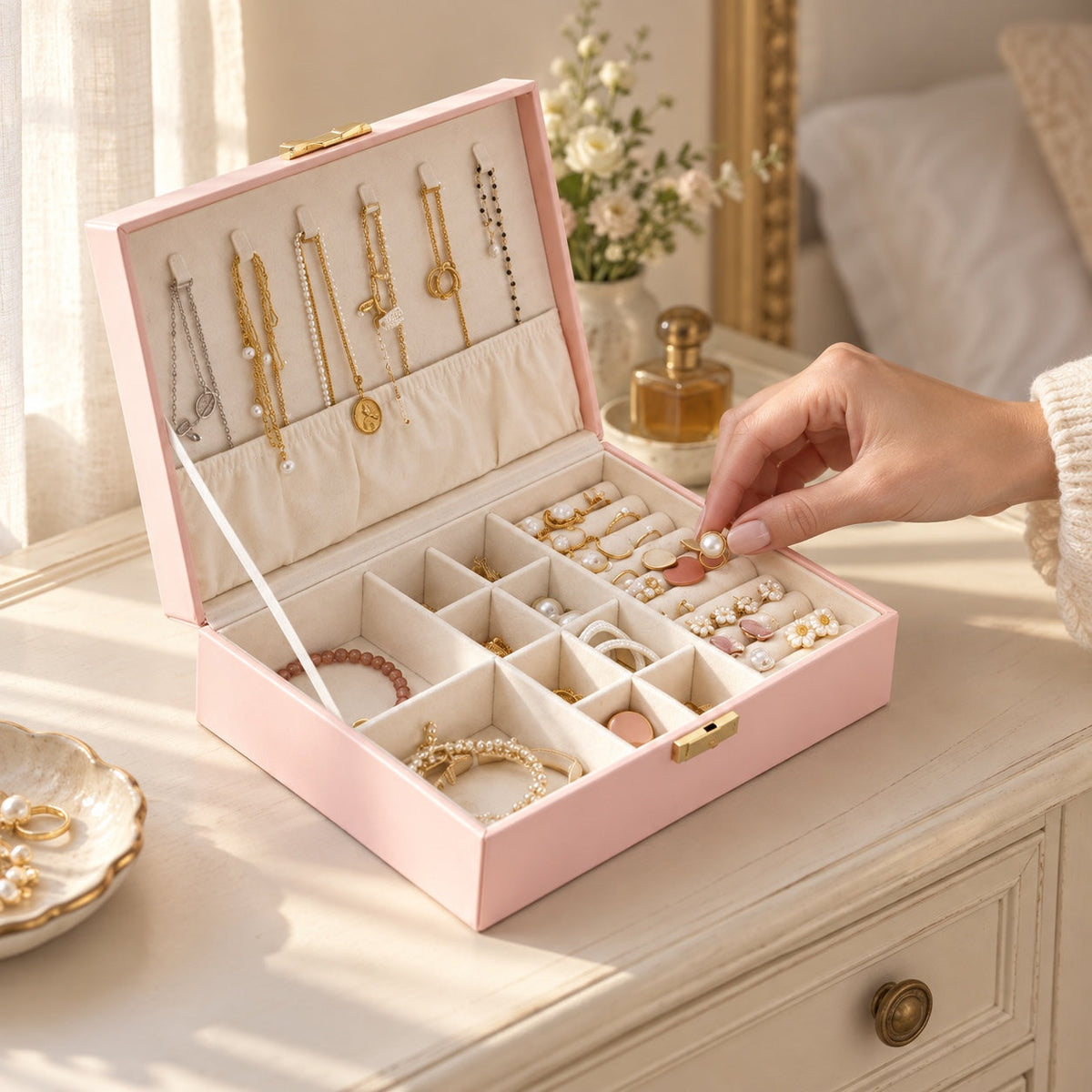 Boîte à bijoux en cuir, organiseur plat, en usage
