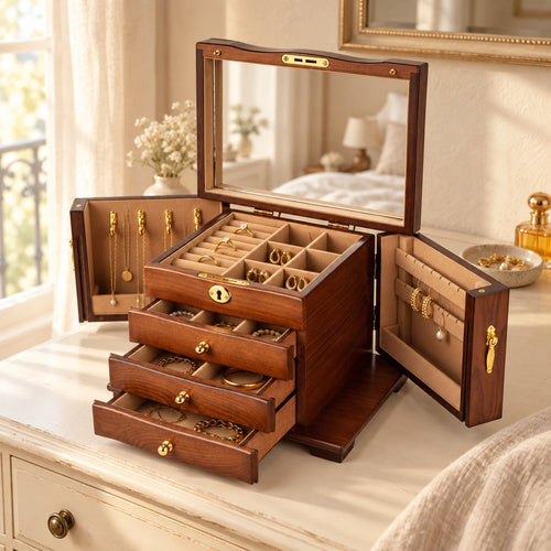 Boîte à bijoux en noyer massif, tiroirs et porte vitrée