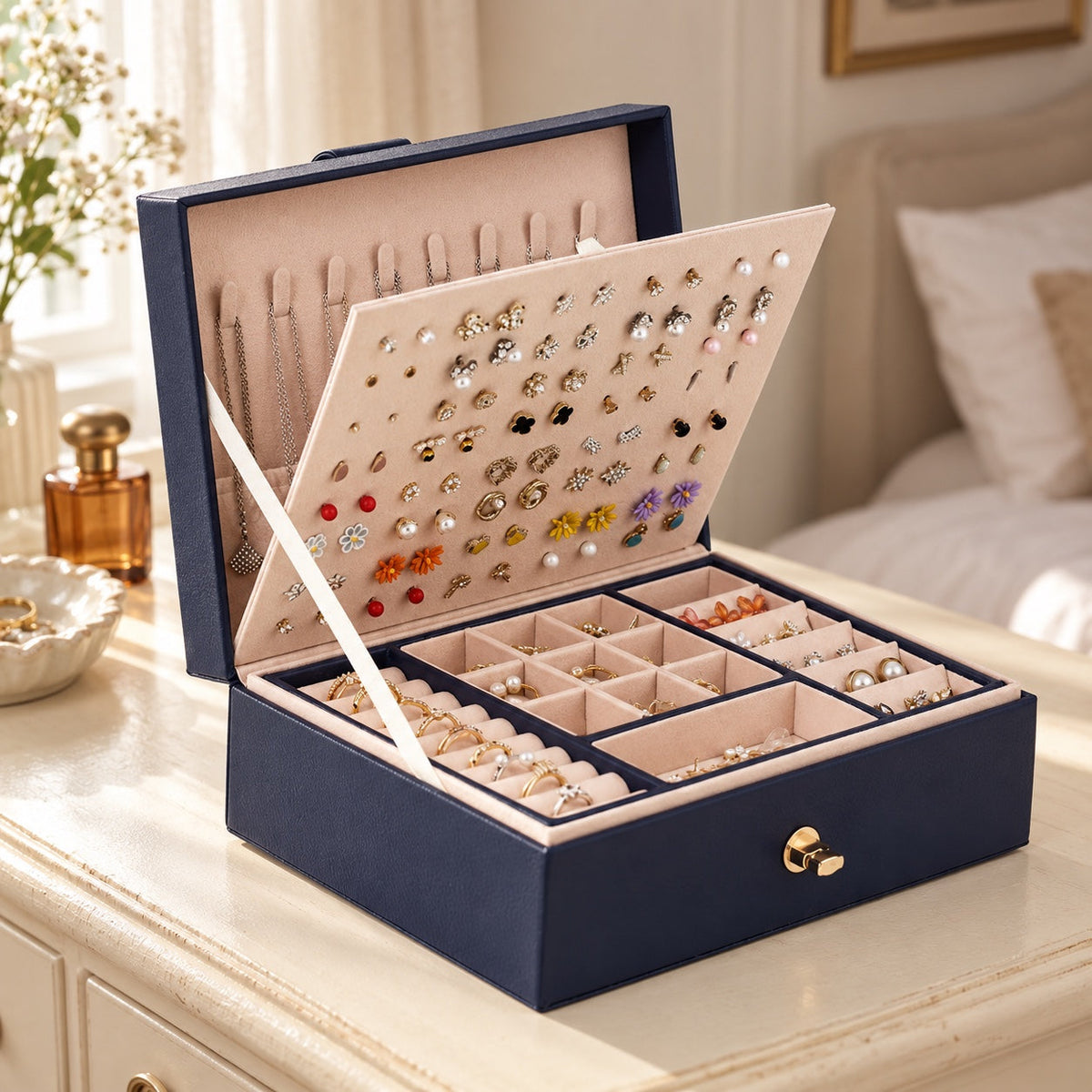 Boîte à bijoux, format pratique, en situation