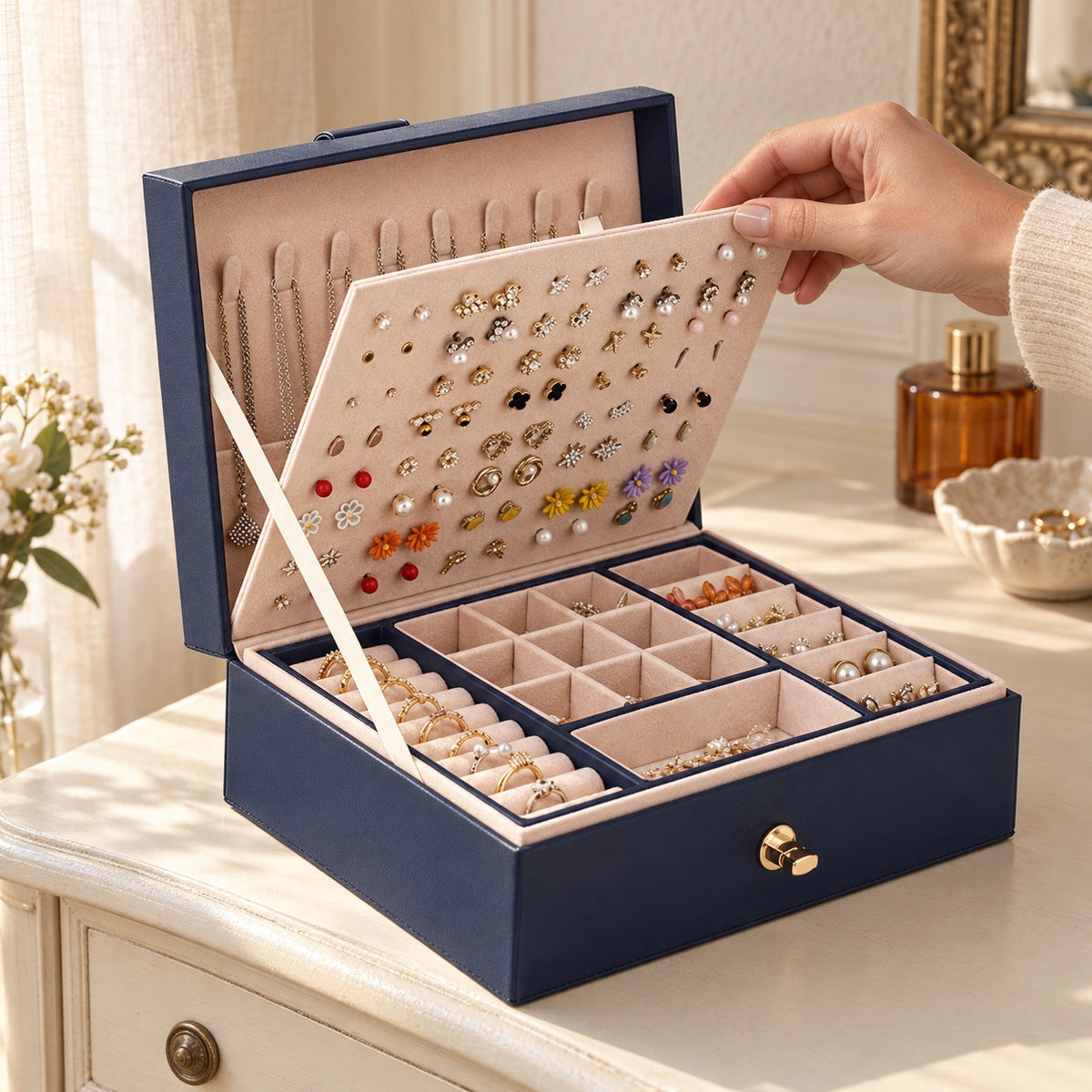 Boîte à bijoux, format pratique, en usage