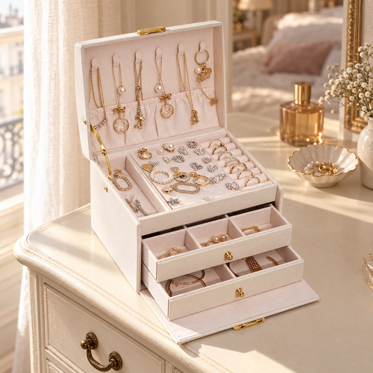 Boîte à bijoux Luvarie en cuir, 3 niveaux avec verrou, en situation