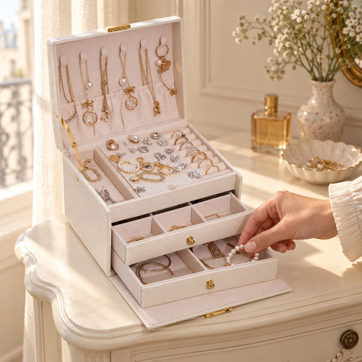 Boîte à bijoux Luvarie en cuir, 3 niveaux avec verrou, en usage
