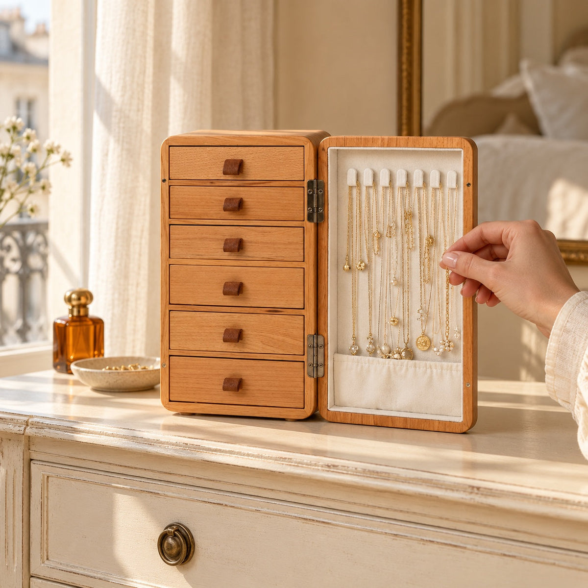 Boîte à bijoux en noyer et cerisier massif, en usage