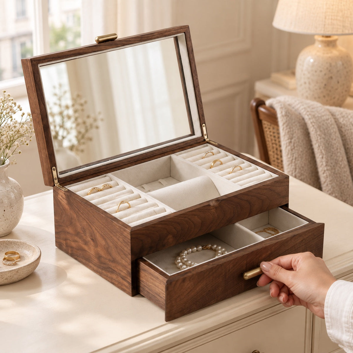 Boîte à bijoux en noyer massif avec support à colliers, en usage