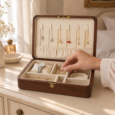 Boîte à bijoux en noyer massif, fermeture magnétique ou serrure, en usage