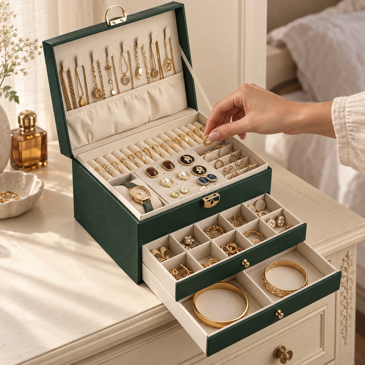 Boîte à bijoux, tiroirs empilés, en usage