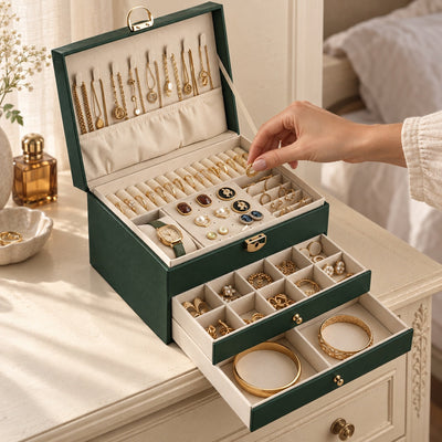 Boîte à bijoux, tiroirs empilés, en usage