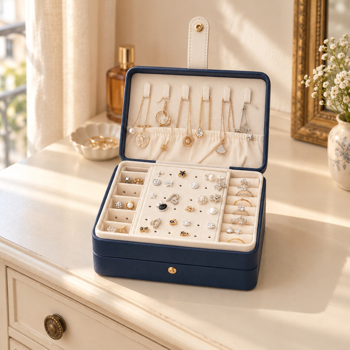 Boîte à bijoux de voyage, compacte, en situation