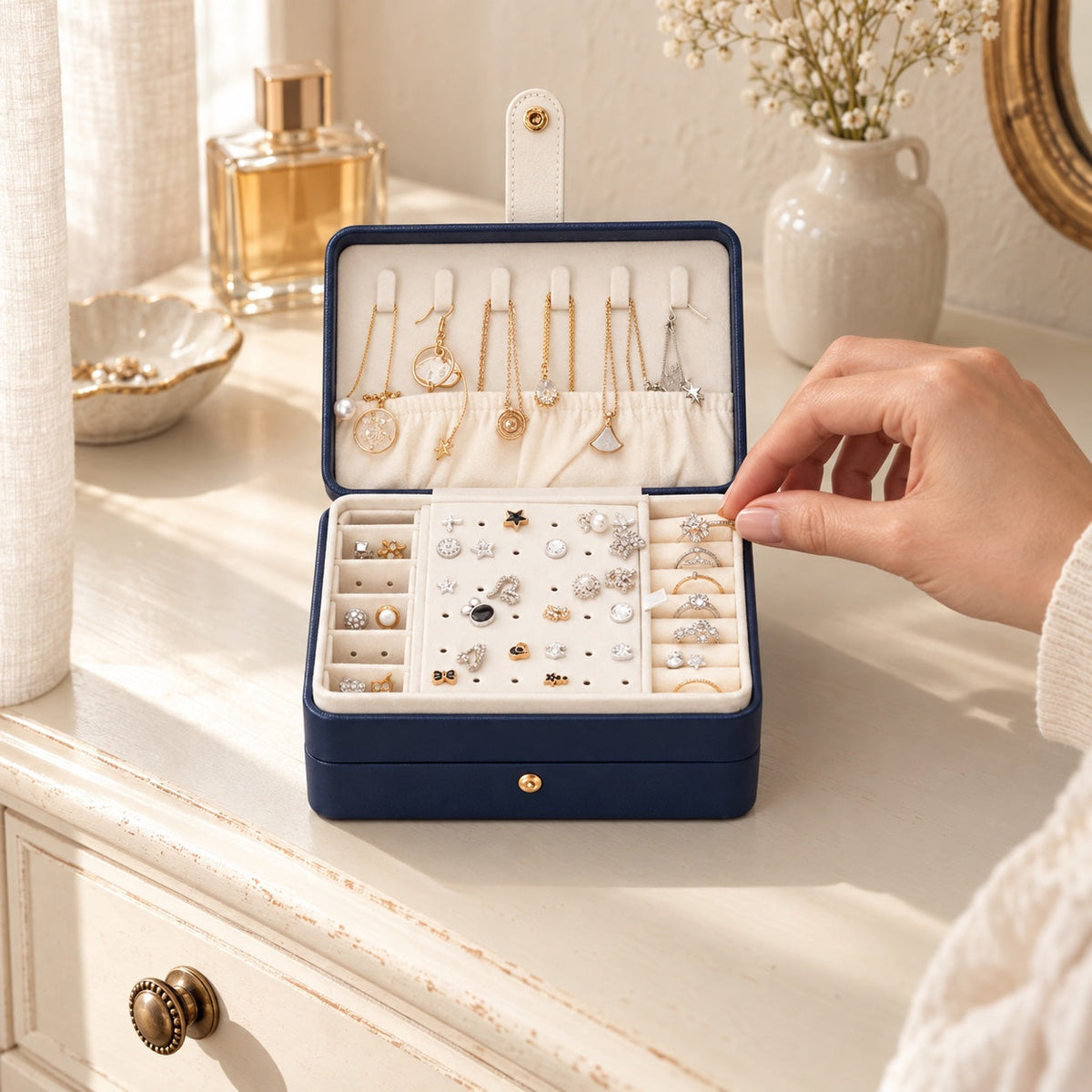 Boîte à bijoux de voyage, compacte, en usage