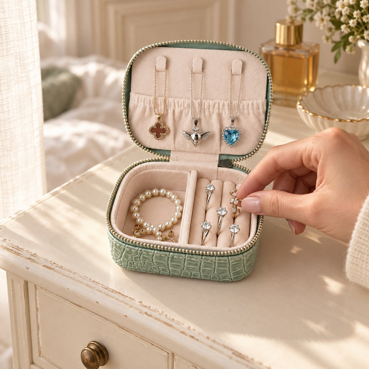 Coffret à bijoux de voyage élégant, format compact en cuir PU, en usage
