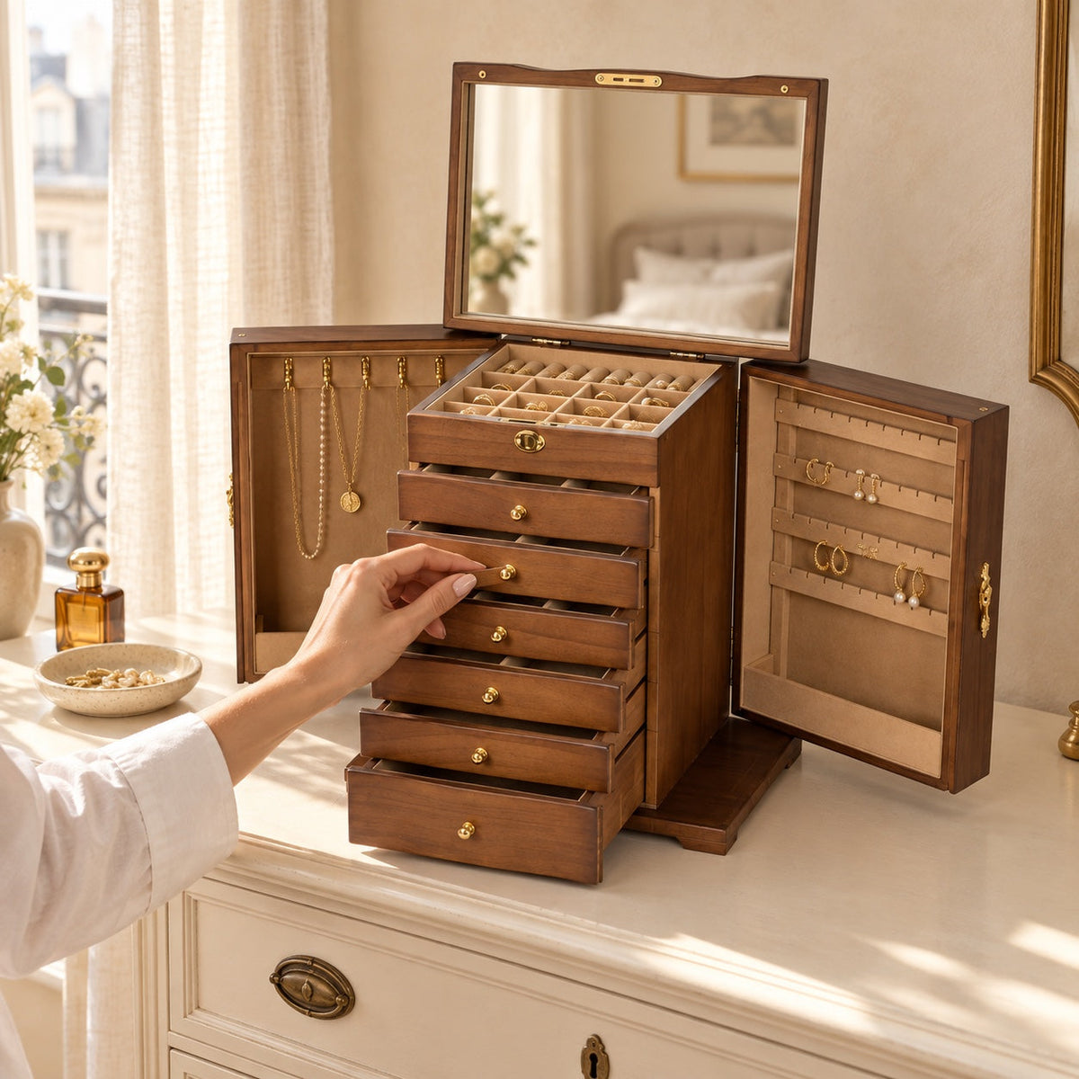 Coffret à Bijoux en Bois, 7 Niveaux avec Miroir et Serrure, en usage