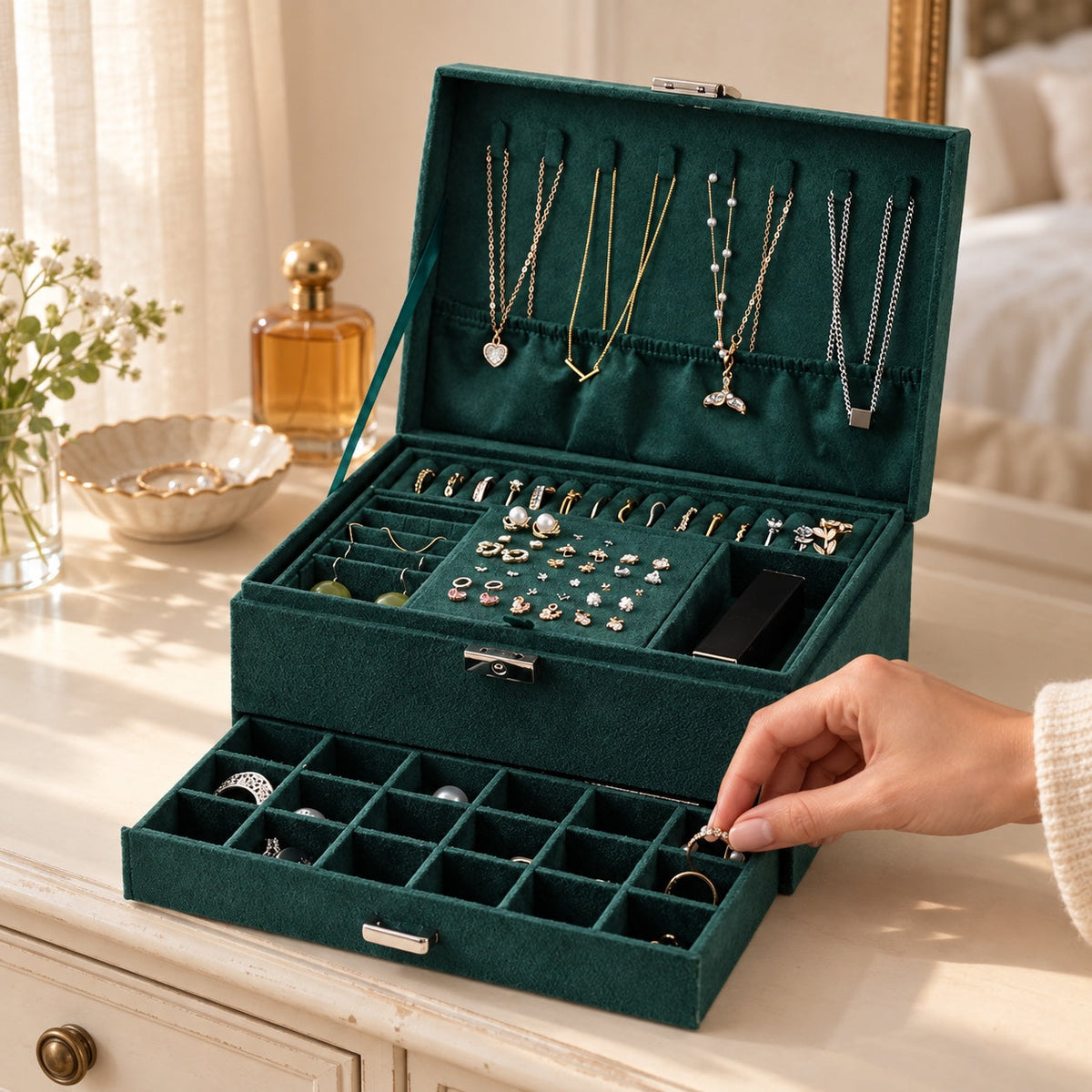 Coffret à bijoux en velours, multi-niveaux verrouillable, en usage