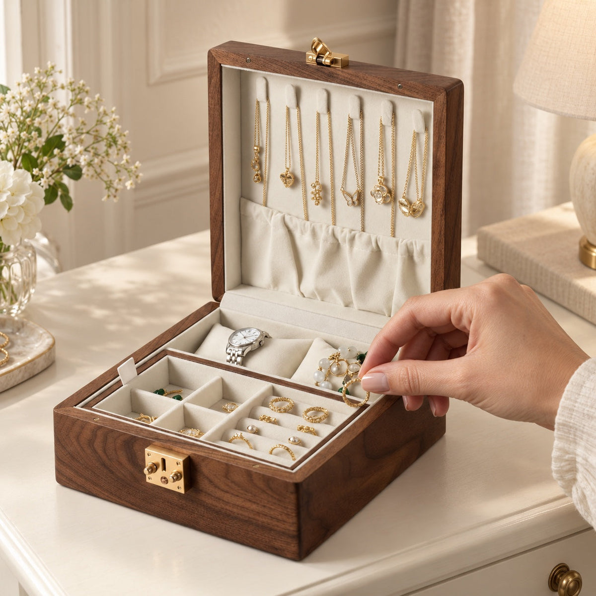 Coffret montres et bijoux en noyer massif, format carré, en usage