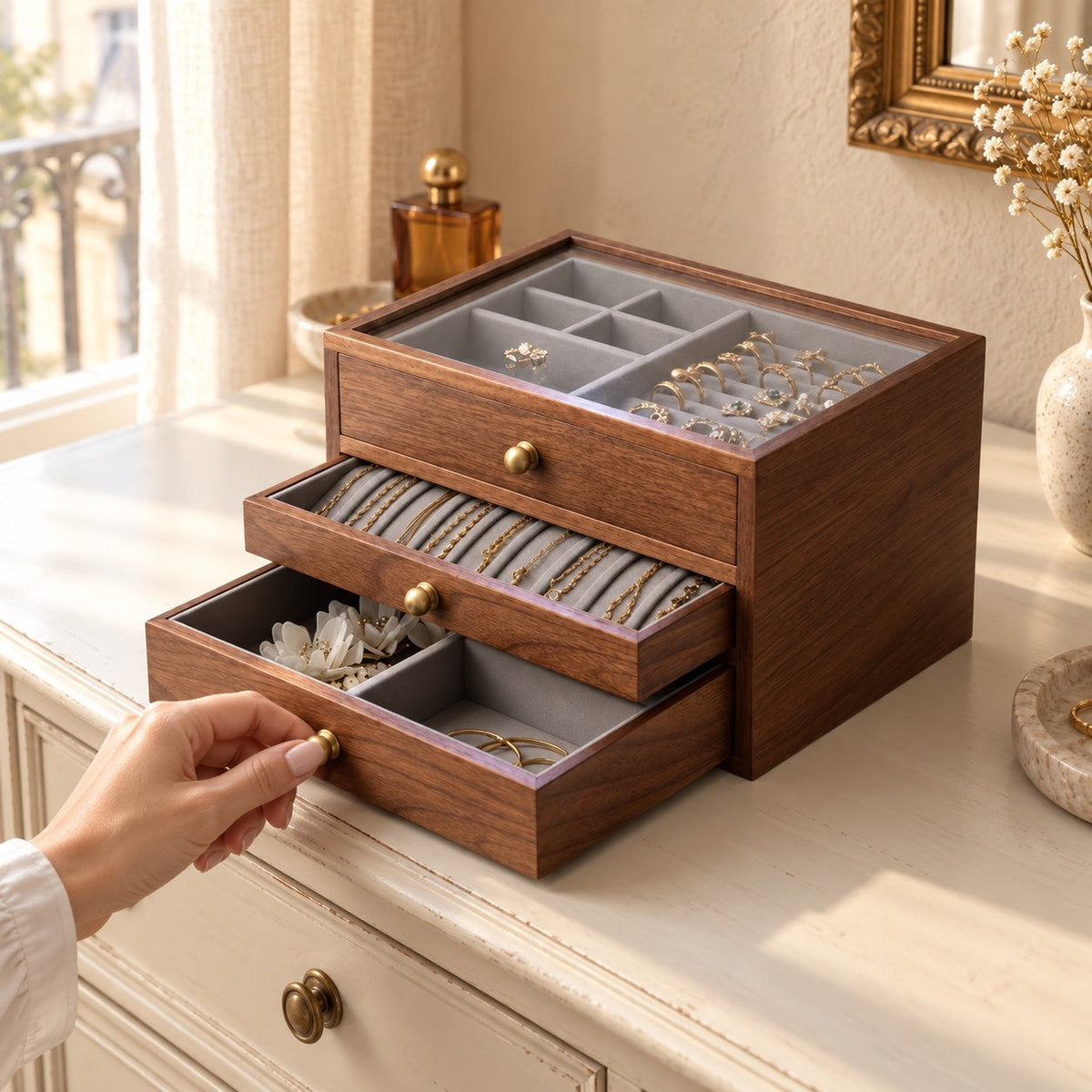 Coffret noyer et laiton avec couvercle verre, 3 niveaux, 2 tiroirs, en usage