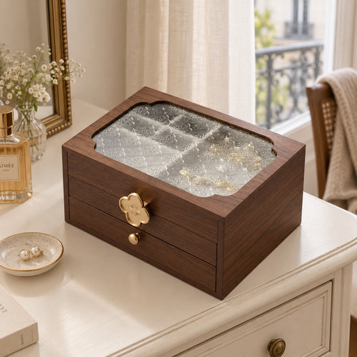 Coffret à bijoux en noyer et verre floral, 3 niveaux et 2 tiroirs