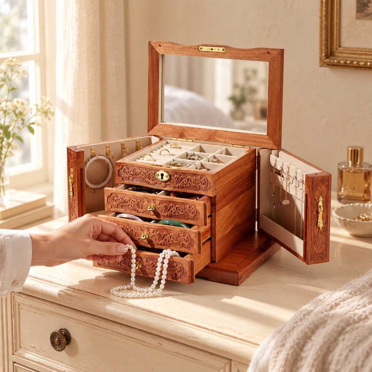 Coffret Sculpté Orient, Bois Précieux, en usage