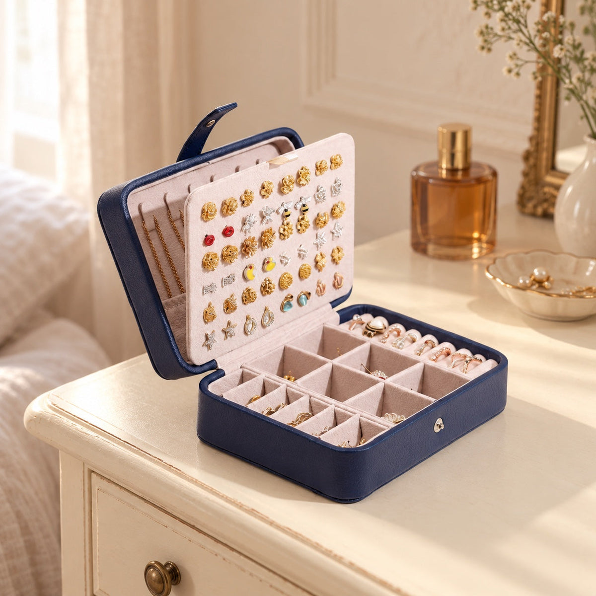 Étui de voyage à boutons, boîte à bijoux rectangulaire, en situation