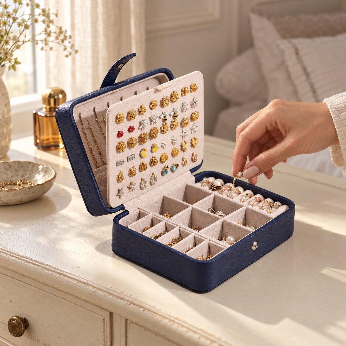 Étui de voyage à boutons, boîte à bijoux rectangulaire, en usage