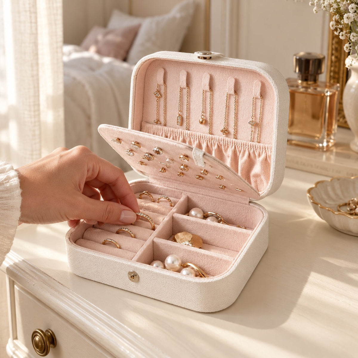 Étui de voyage chic, boîte à bijoux à bouton, en usage