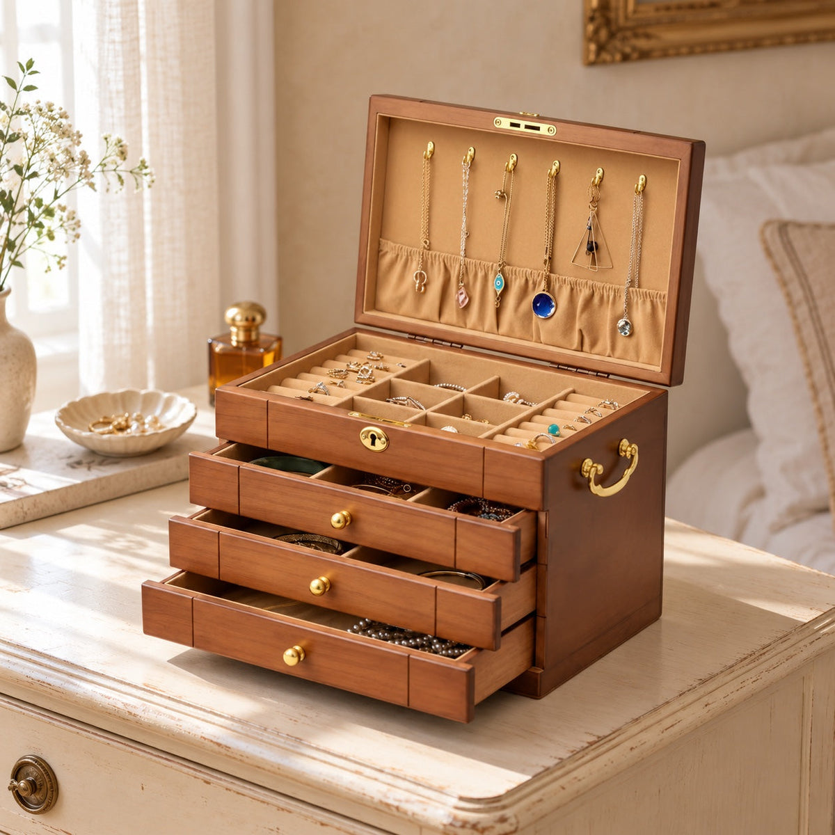 Grand coffret à bijoux vintage à serrure en noyer, en situation
