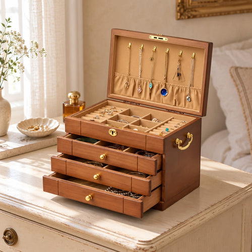 Grand coffret à bijoux vintage à serrure en noyer