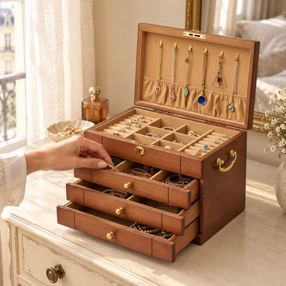 Grand coffret à bijoux vintage à serrure en noyer, en usage