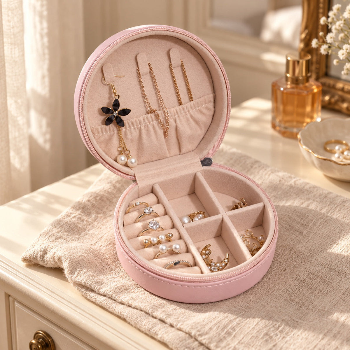 Mini coffret de voyage zippé, boîte à bijoux, en situation