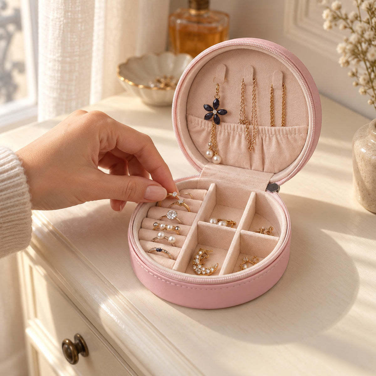 Mini coffret de voyage zippé, boîte à bijoux, en usage