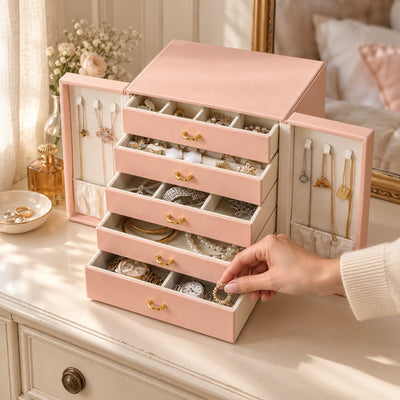 Organisateur de bijoux style cabinet en cuir PU, 5 tiroirs et crochets, en usage