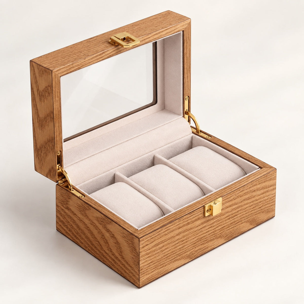 Boîte 3 montres en bois précieux, sur fond neutre