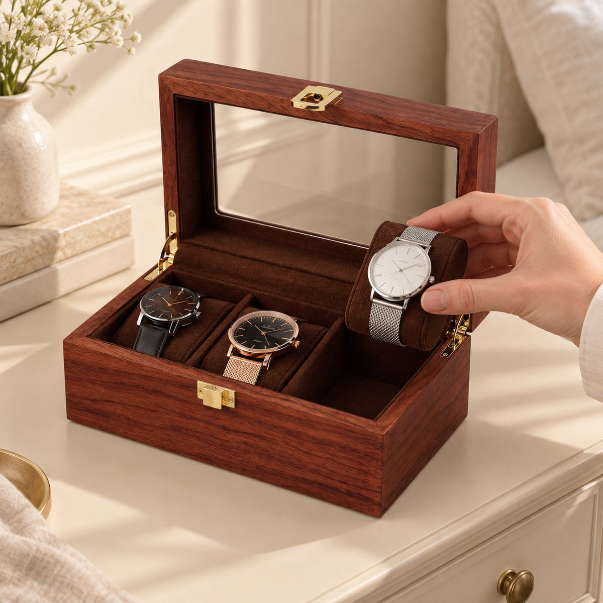 Boîte 3 montres en bois précieux, tenue en main