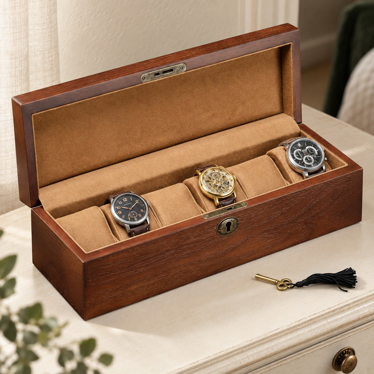Boîte 6 montres en bois foncé et flanelle, garnie de montres