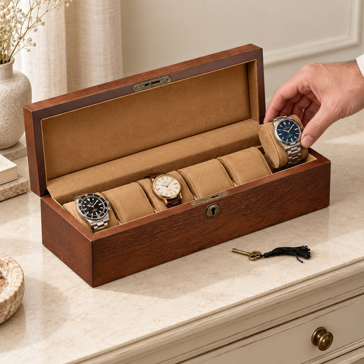 Boîte 6 montres en bois foncé et flanelle, tenue en main