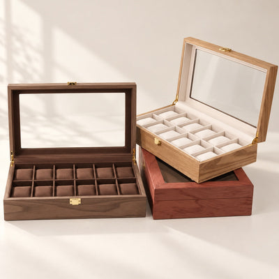 Coffret 10 montres en bois de noyer, vue d'ensemble