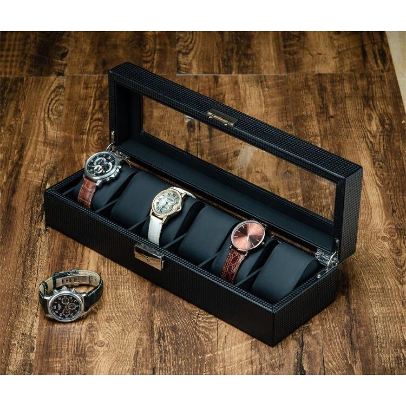 Coffret à montres en carbone noir – 6 emplacements – vue 7 – Cléophée Paris