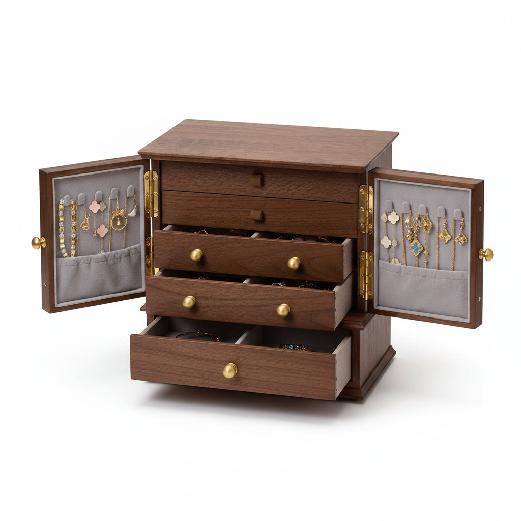 Grand Coffret à Bijoux en Noyer – 5 Tiroirs et Portes au Choix - Cléophée Paris